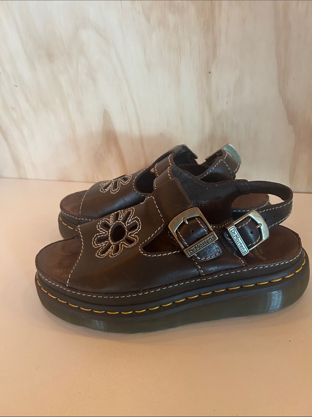 Dr. Martens women’s Brown Floral Cutout Leather Sandals - Picture 3 of 4